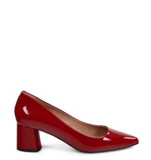 ADEL- Czerwone czółenka na słupku z lakierowanej skóry - bokiem