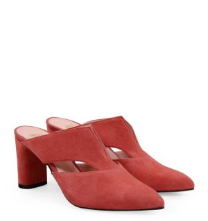 MAGGIE - Czerwone klapki na słupku zamszowe - po skosie