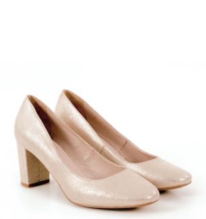 NORMA- Złote czółenka na słupku satynowane - po skosie