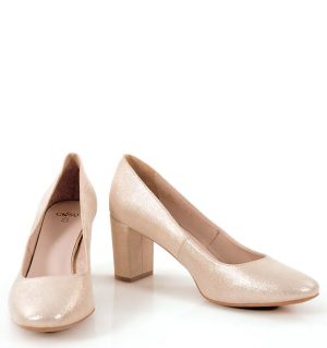 NORMA- Złote czółenka na słupku satynowane - z przodu