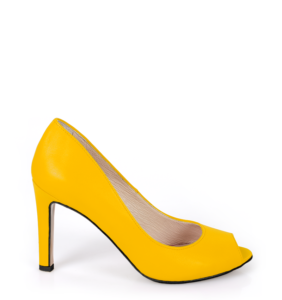 AGATE - Żółte szpilki z odkrytym palcem, czarne wykończenie - bokiem