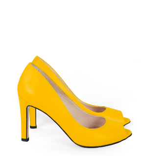 AGATE - Żółte szpilki z odkrytym palcem, czarne wykończenie - bokiem