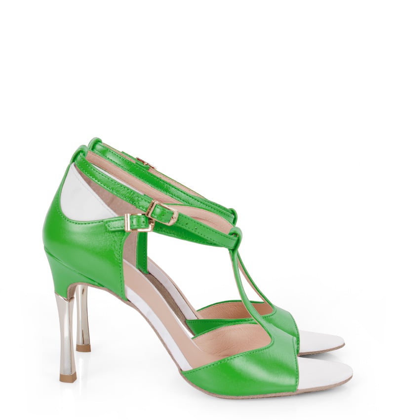 BENITA - Zielone sandałki do tanga z białym wykończeniem