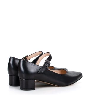 MARIA - czarne czółenka z paskiem na niskim obcasie licowa skóra - obrazek 4