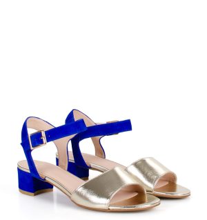 ESTERA - złoto niebieskie sandałki na niskim - obrazek 2