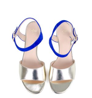 ESTERA - złoto niebieskie sandałki na niskim - obrazek 6