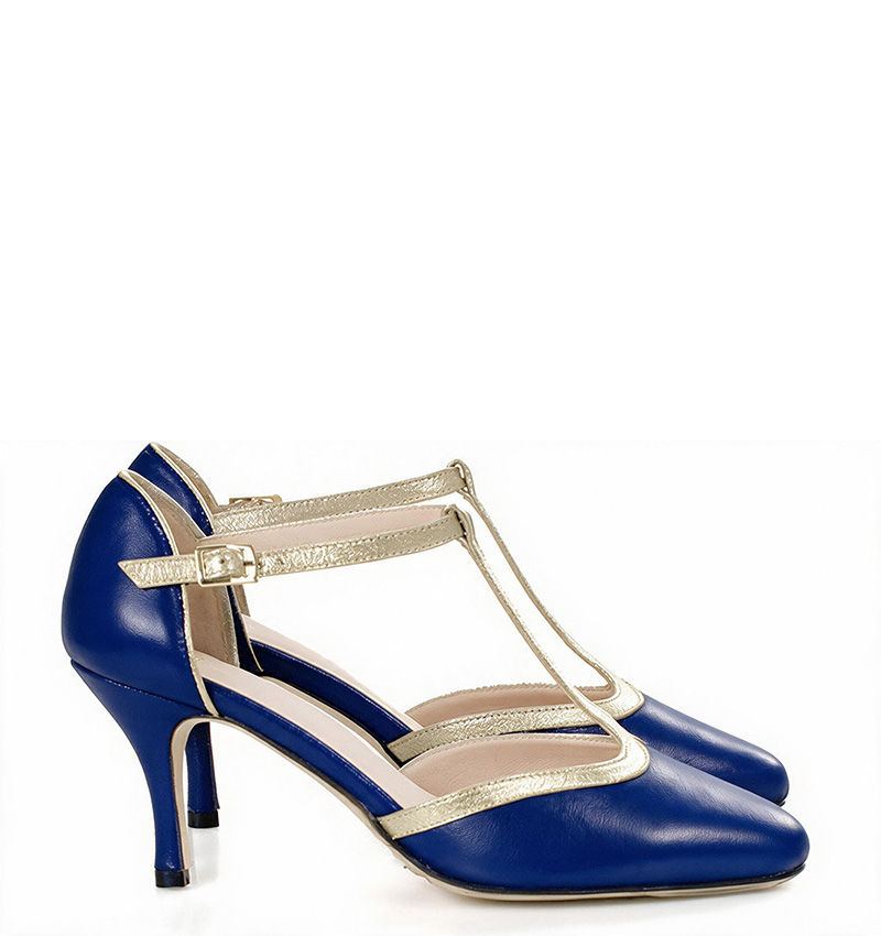 penelope-cobalt PENELOPE - niebieskie czółenka do tańca złoty wzór - obrazek 1